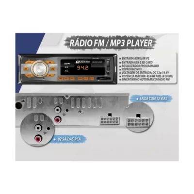 RÁDIO MP3 PLAYER AUTOMOTIVO USB, SD CARD, AUXILIAR P2 E 2 SAÍDAS RCA - TIGER TG0403009